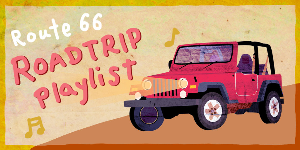 text reads "route 66 roadtrip playlist" illustration of red jeep